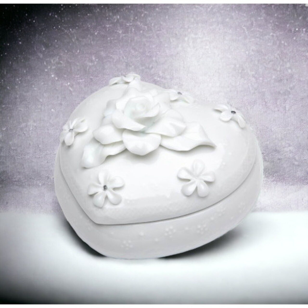 Ceramic White Heart Shaped Jewelry Box With Rose Flower 4X3.75 Inches